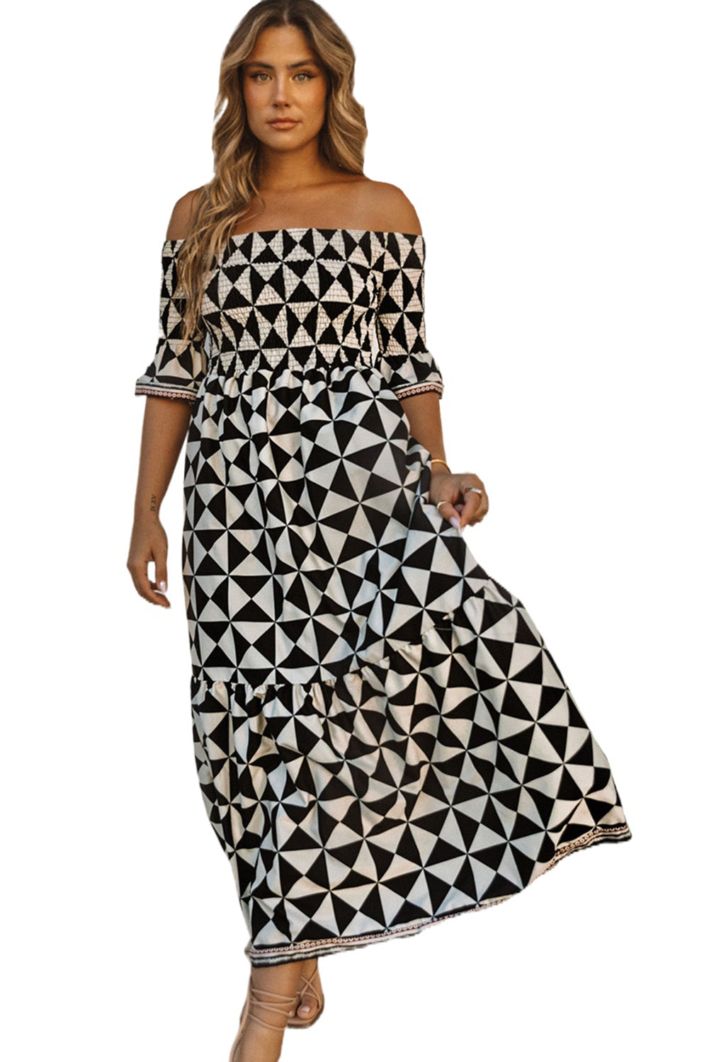 Black Printed Smocked Off Shoulder Ruffle Sleeve Maxi Dress
