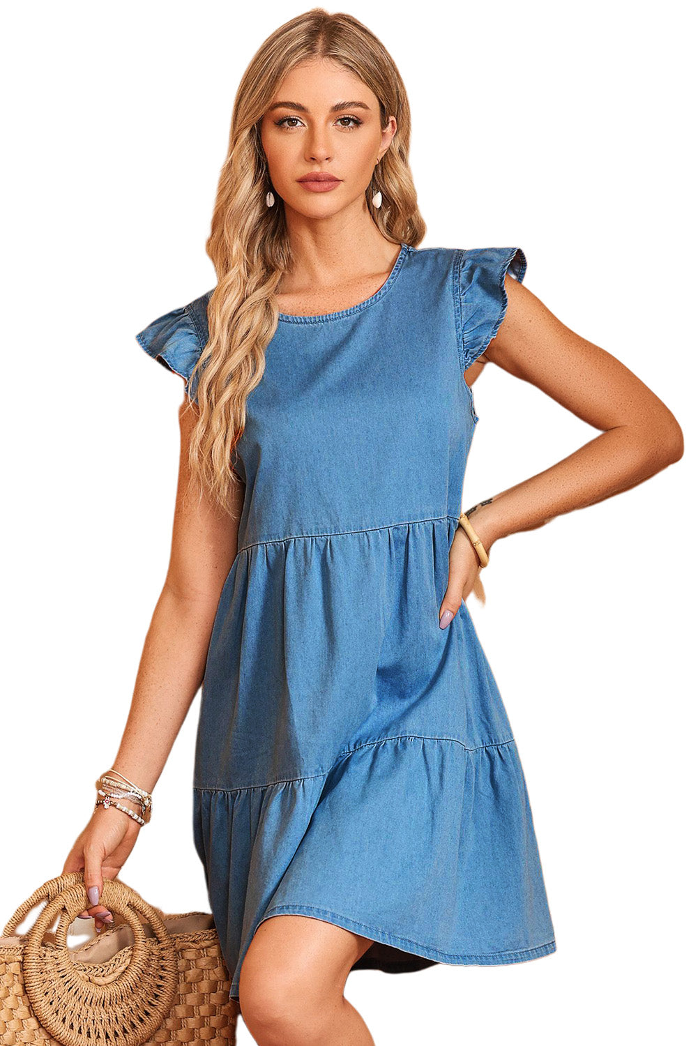 Sky Blue Crew Neck Flutter Tiered A-line Chambray Dress