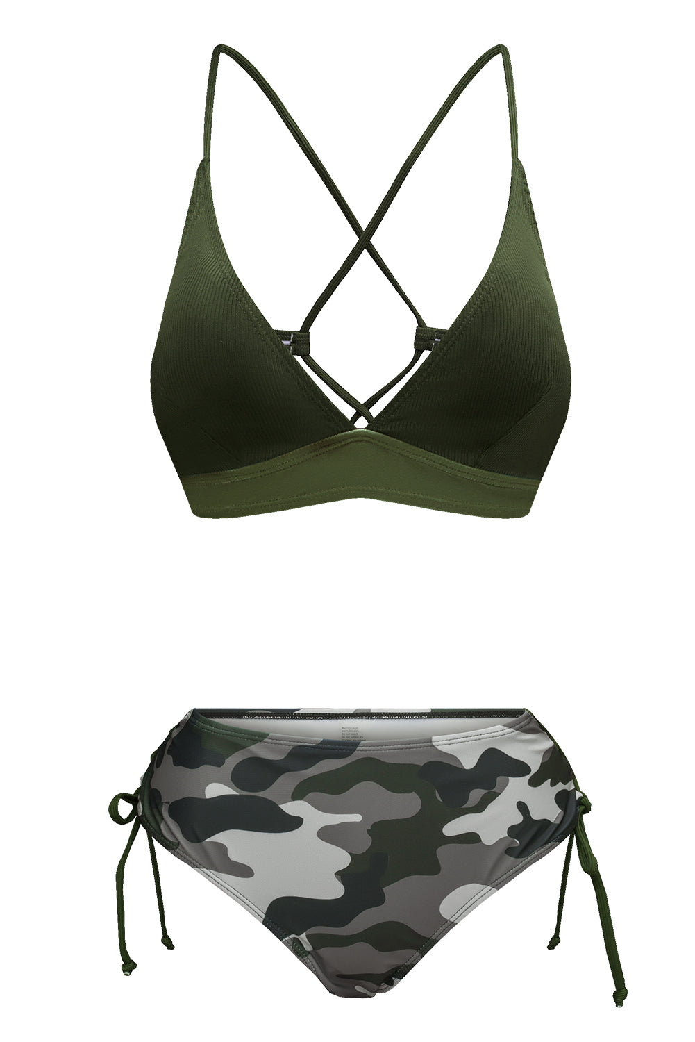 Green Ribbed Halter Camo Lace up Bikini Swimsuit