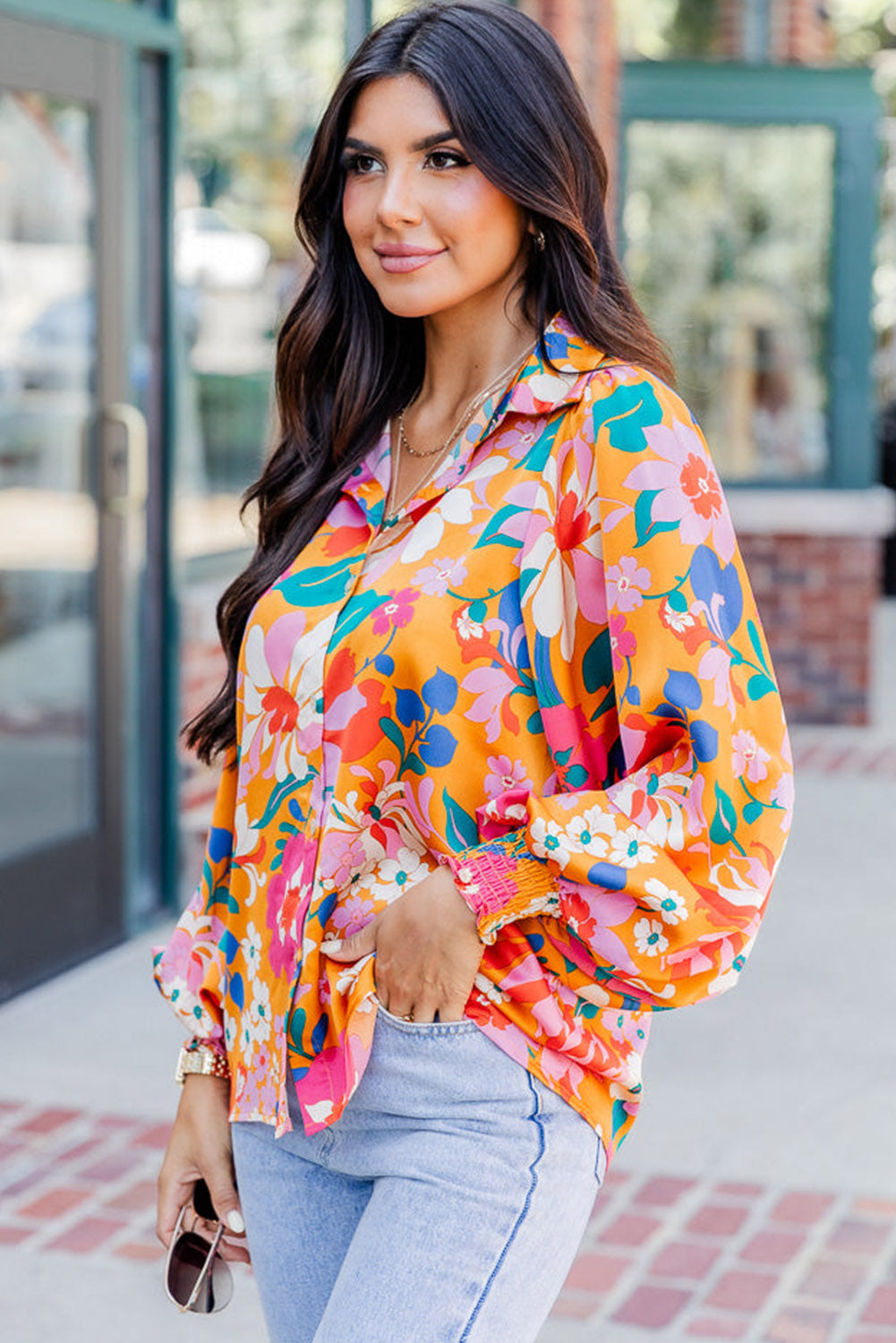 Carrot Floral Print Buttons Front Bubble Sleeve Shirt