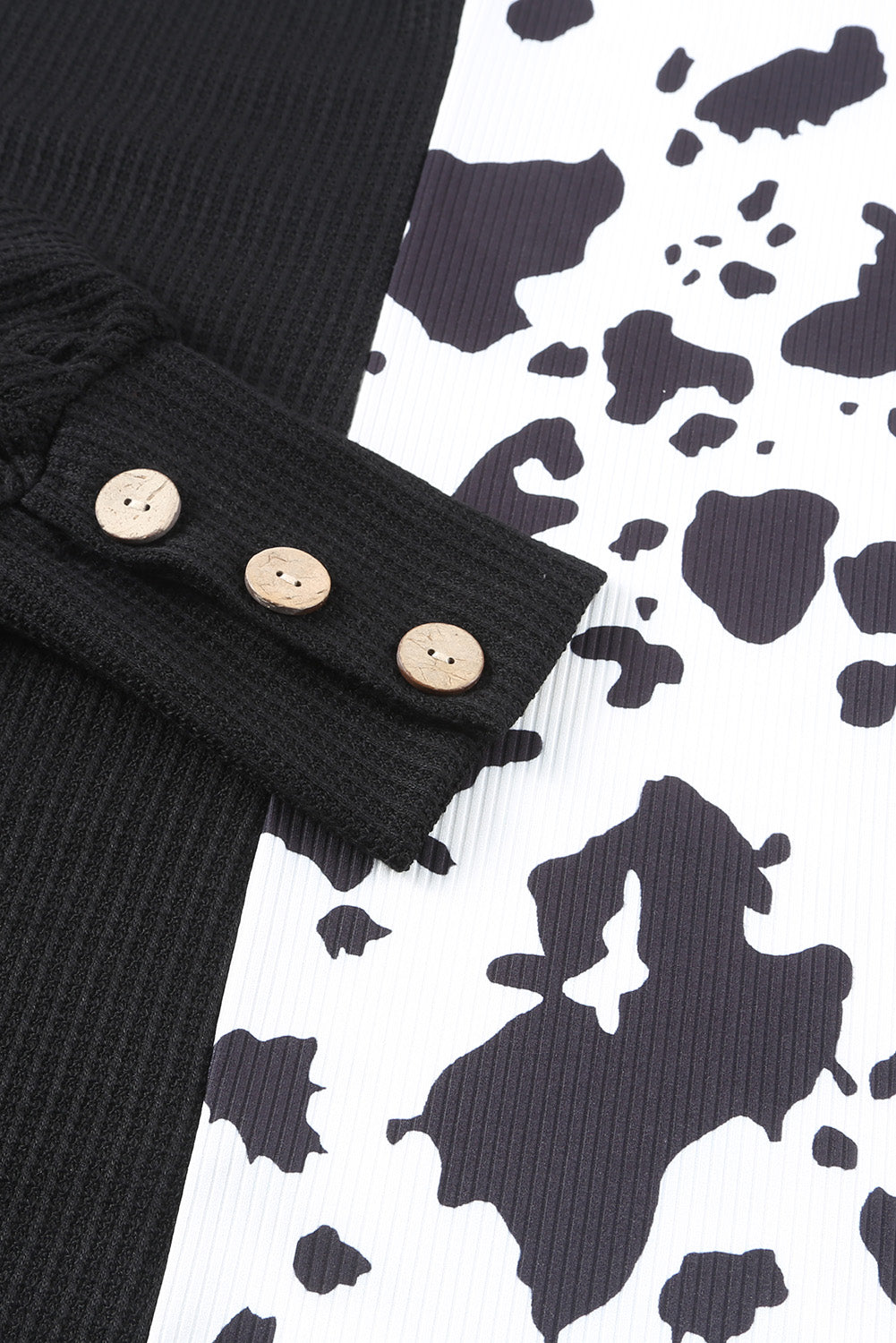 Black Cow Patchwork Waffle Knit Long Sleeve Top