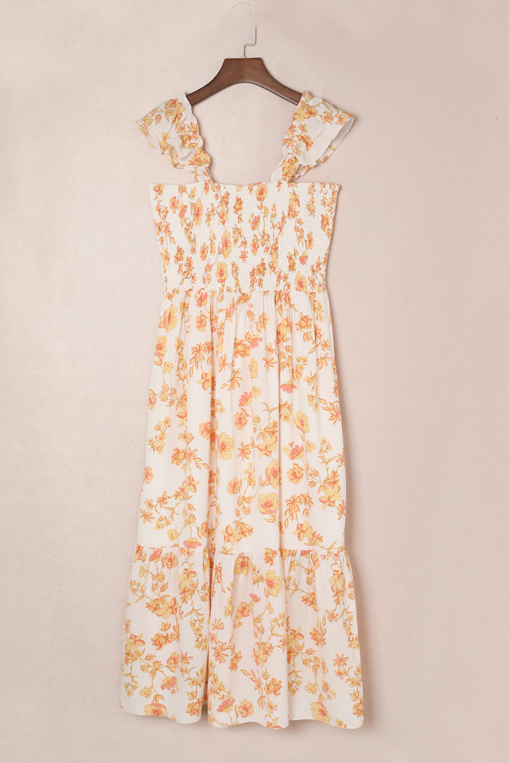 White Ruffle Shoulder Straps Smocked Bodice Printed Dress