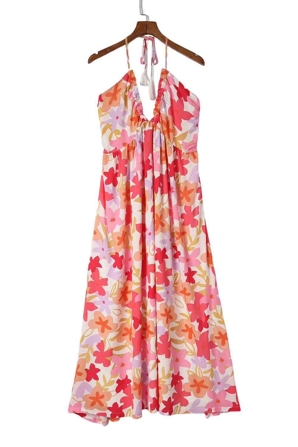 Red Halter Neck Backless Floral Print Maxi Dress with Ties