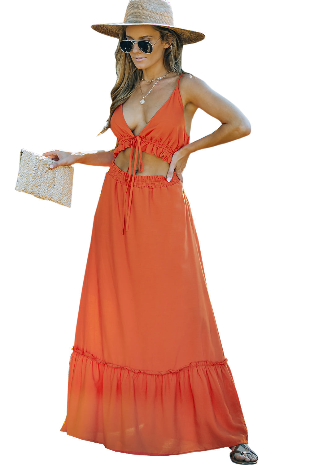 Orange Ruffled Cut-out Spaghetti Strap Sleeveless Long Dress