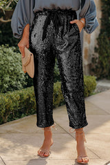 Black Pocketed Sequin Crop Pants