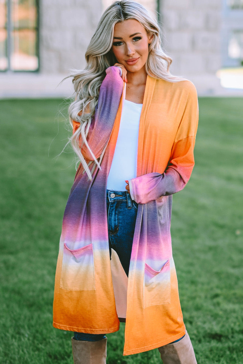 Yellow Gradient Tie-dye Open Front Mid-length Cardigan