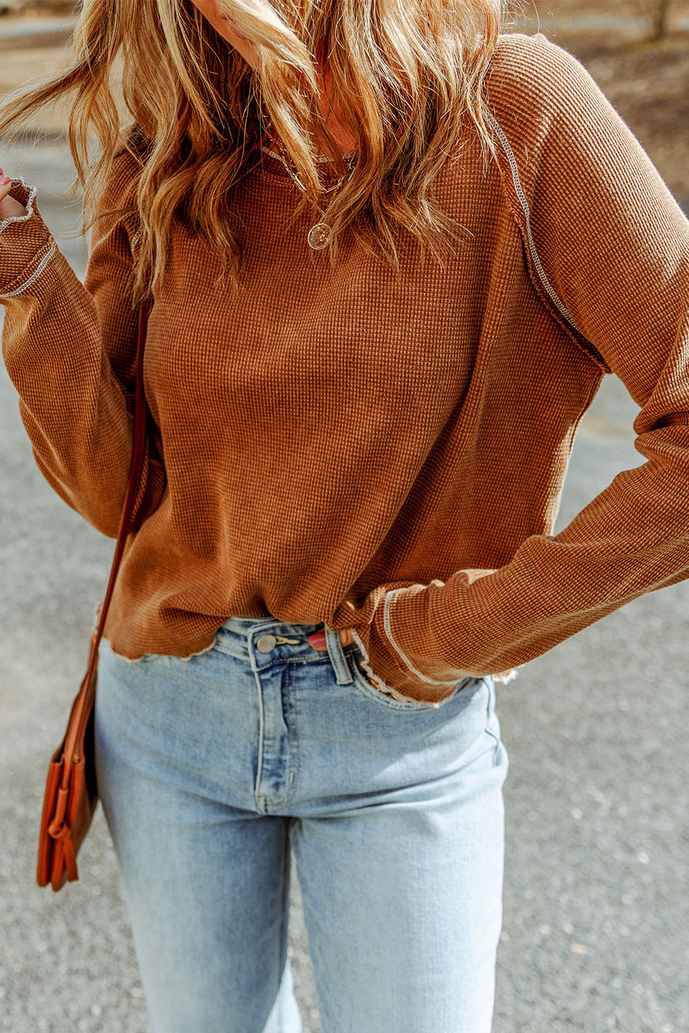 Red Textured Round Neck Long Sleeve Top