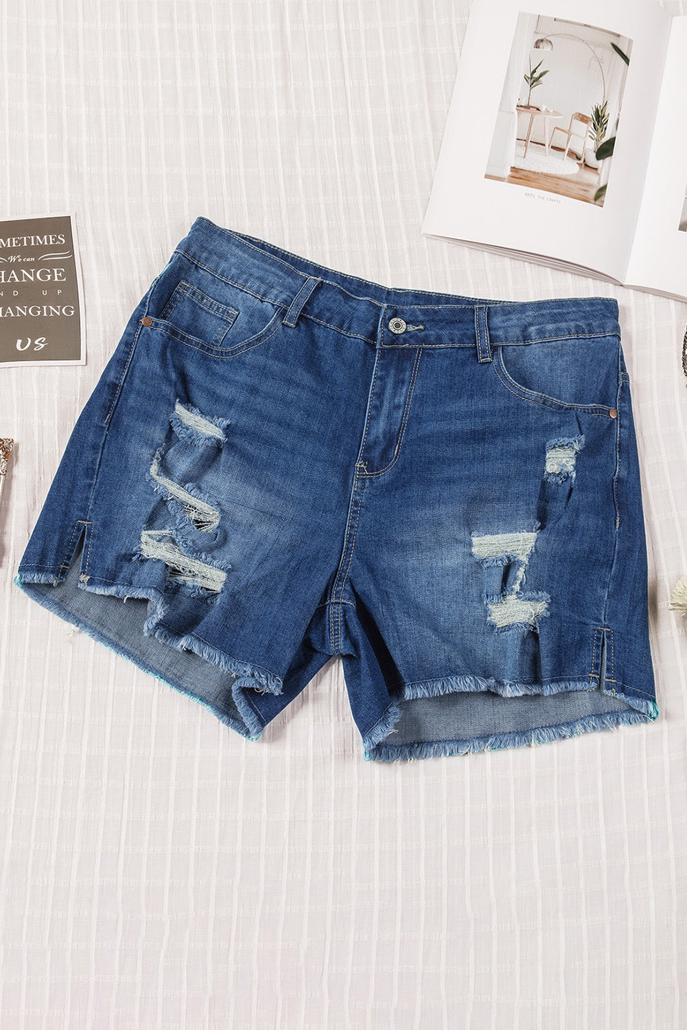 Sky Blue Distressed High Waist Plus Size Denim Shorts