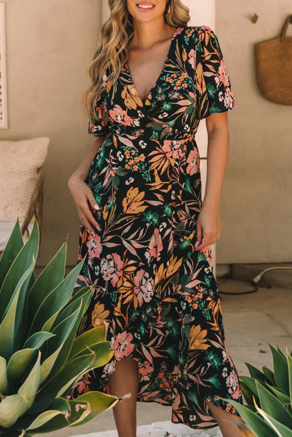 Black Floral Print Knotted Wrapped V Neck Maxi Dress