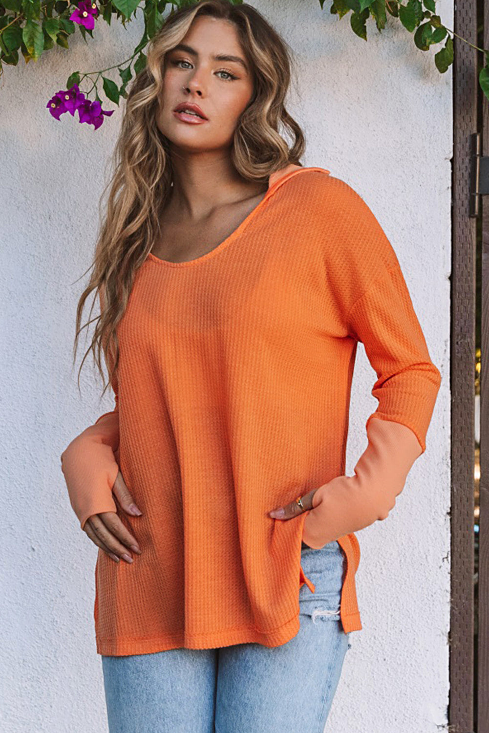 Orange Distressed Seam Trim Waffle Knit Top