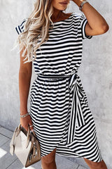 Black Stripe Short Sleeve Belted Wrapped Hemline T-Shirt Dress