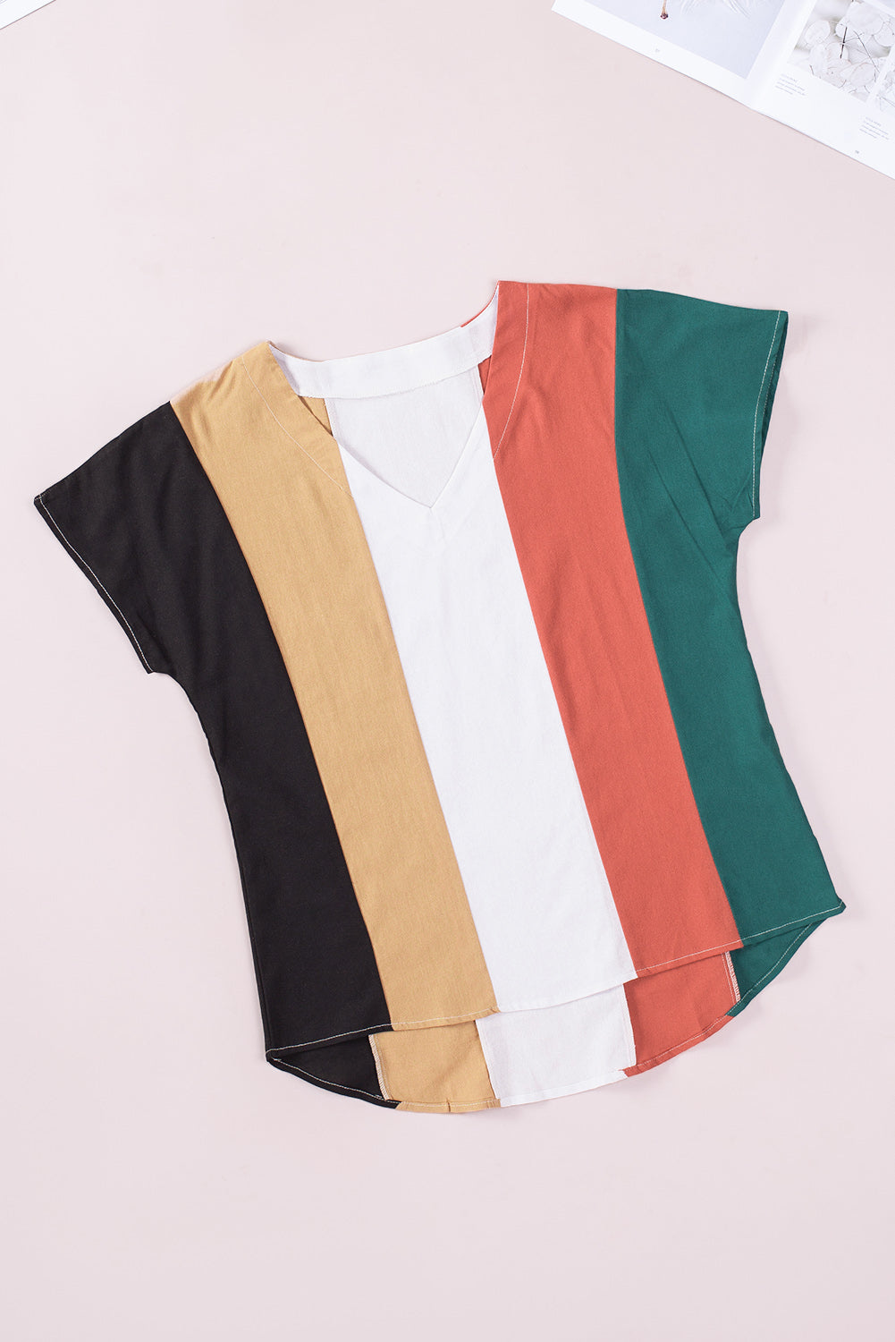 Multicolor Colorblock V Neck Short Sleeve Top