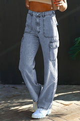 Sky Blue High Waist Wide Leg Cargo Jeans