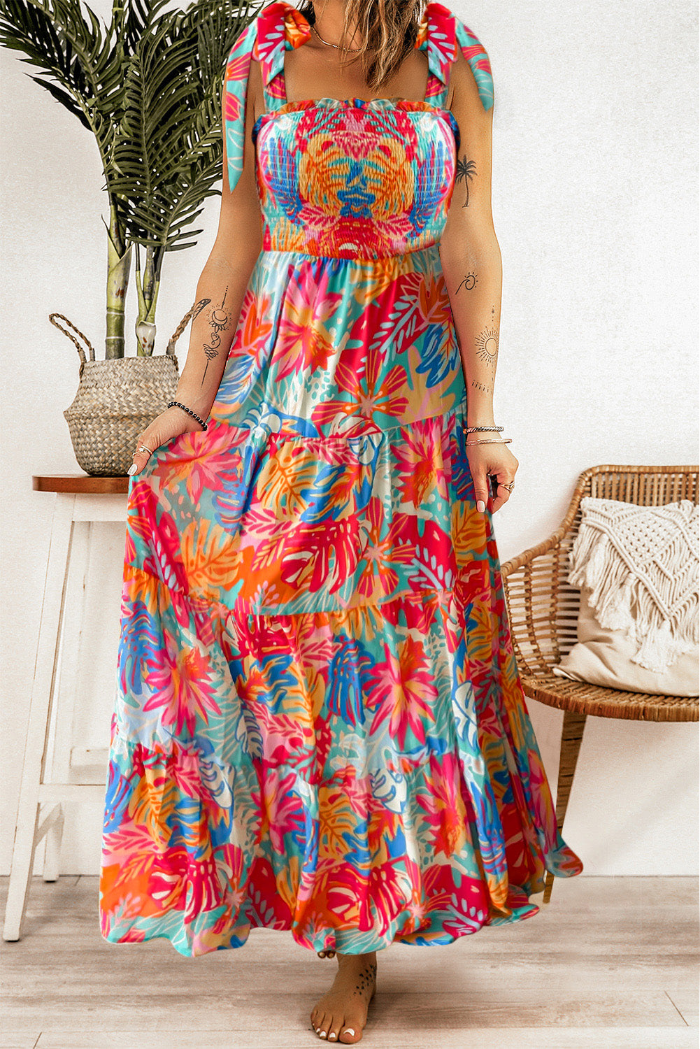 Multicolor Vibrant Tropical Print Smocked Ruffle Tiered Maxi Dress