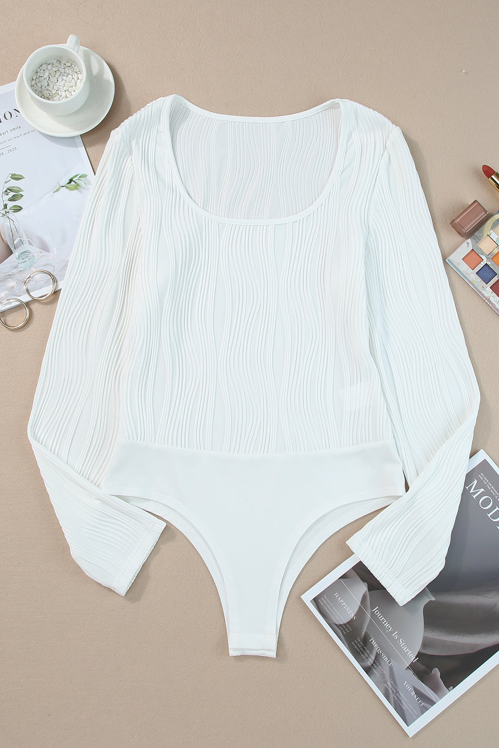 Bright White Ribbed Knit Long Sleeve Square Neck Bodysuit