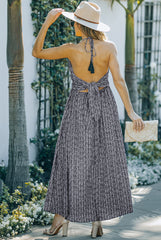 Black Pocketed Printed Halter Backless Maxi Dress