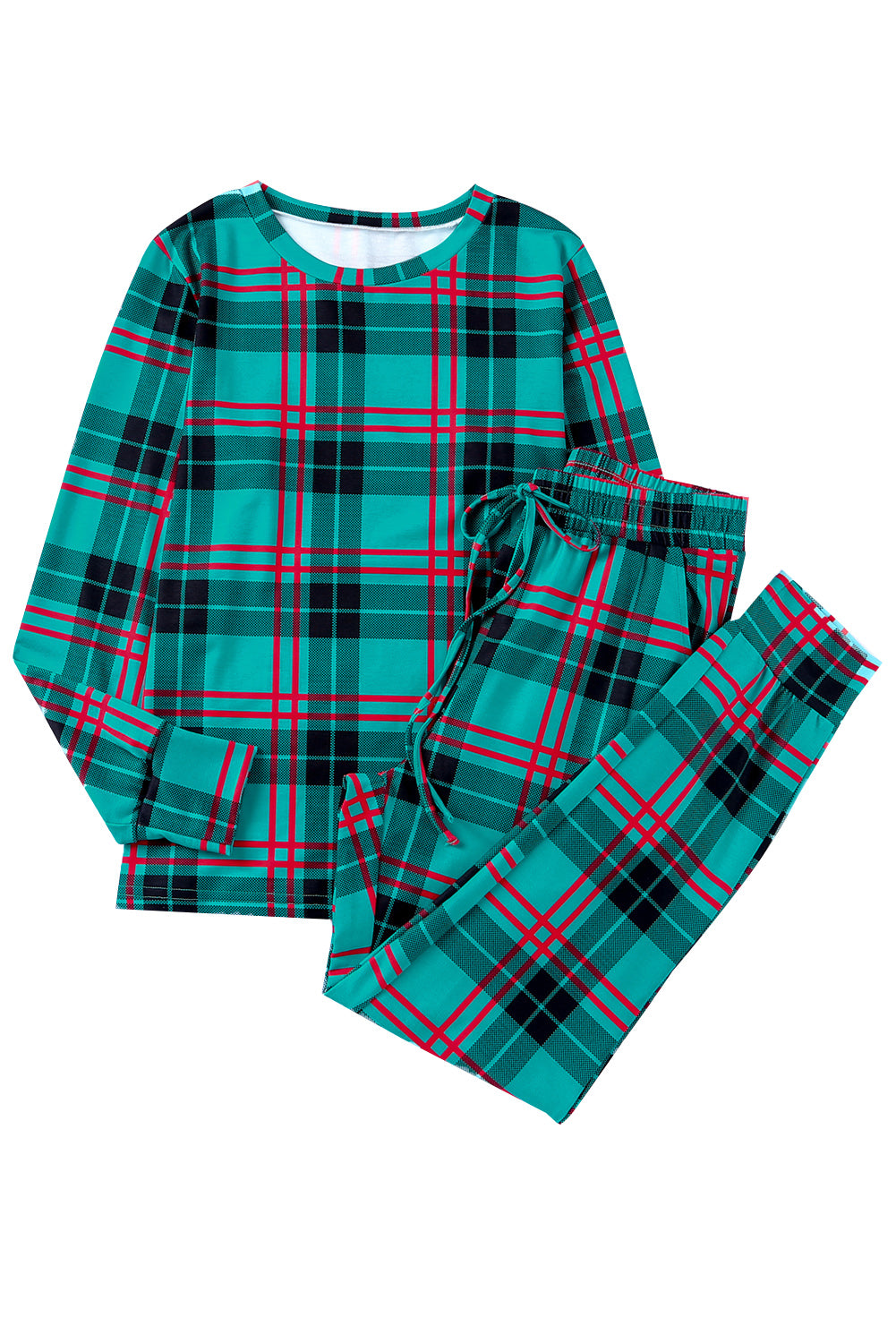 Green Plaid Print Long Sleeve Top and Drawstring Joggers Pajama Set