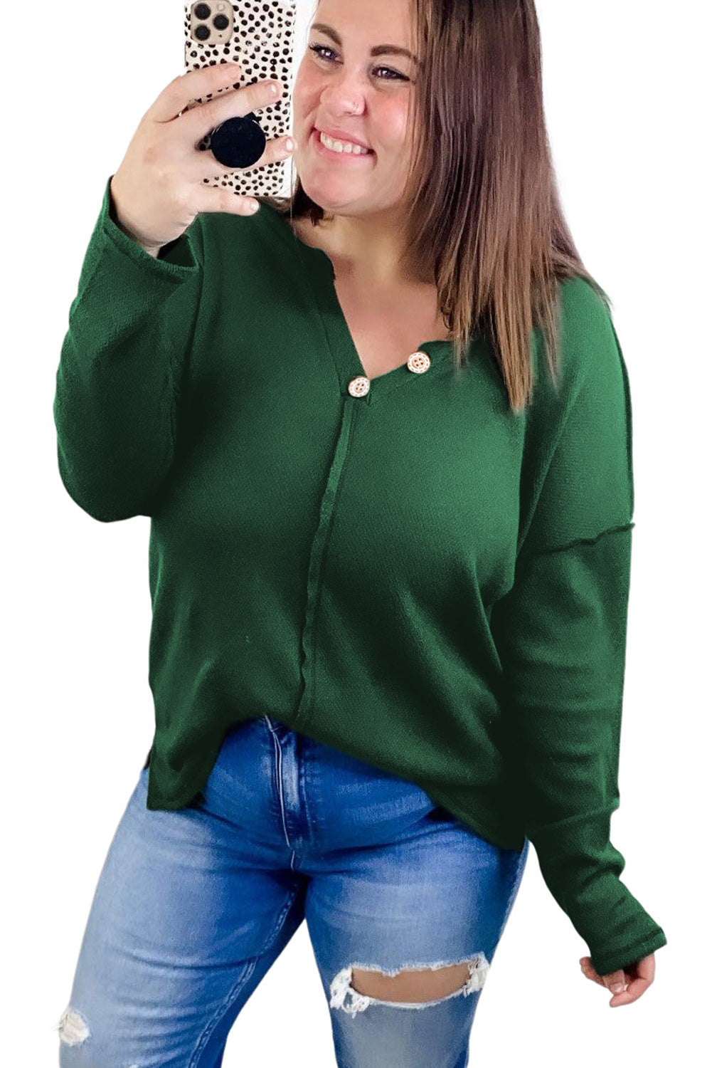 Green Exposed Seam Henley Buttoned Plus Size Long Sleeve Top