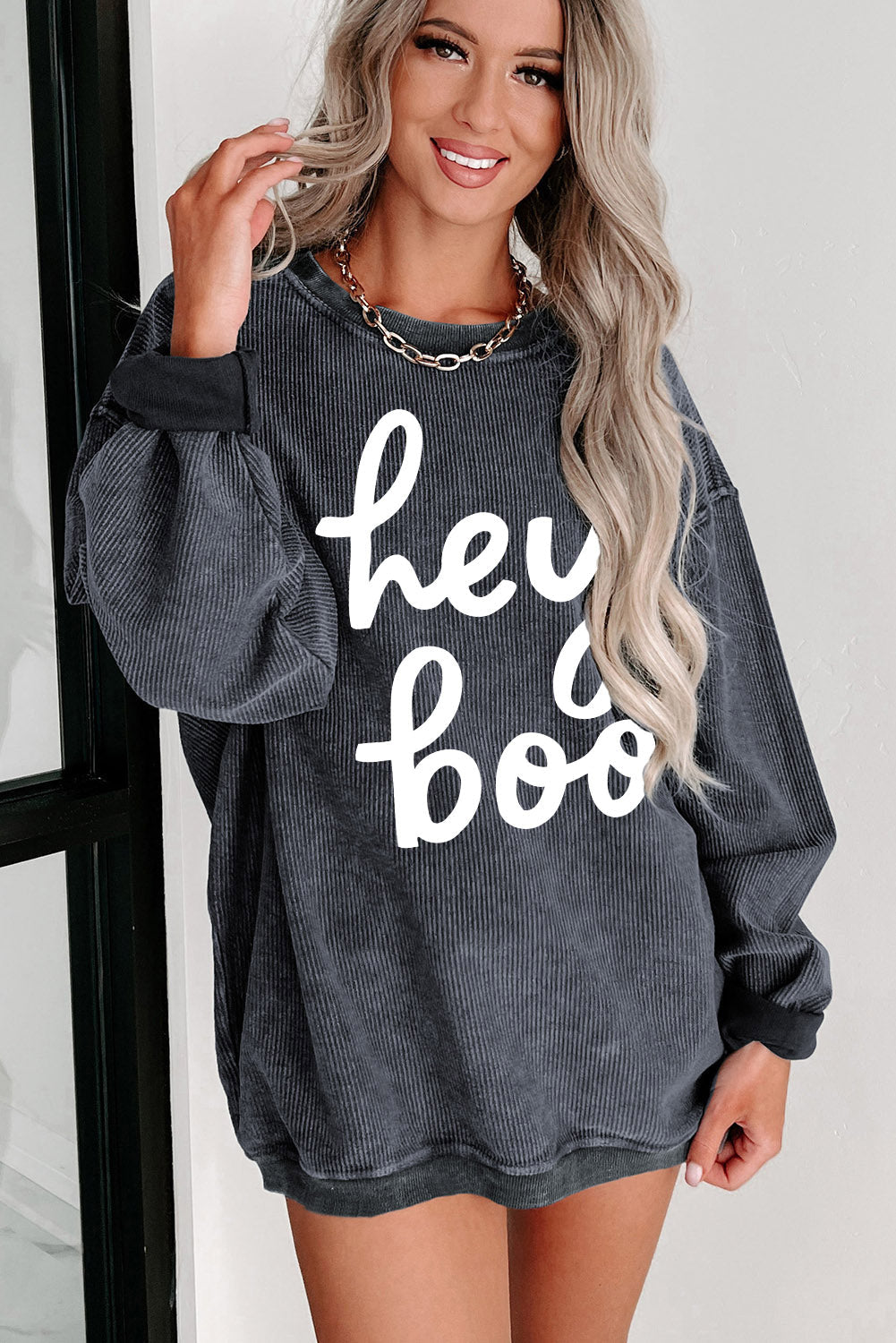 Gray Solid Ribbed Knit Round Neck Pullover Sweatshirt