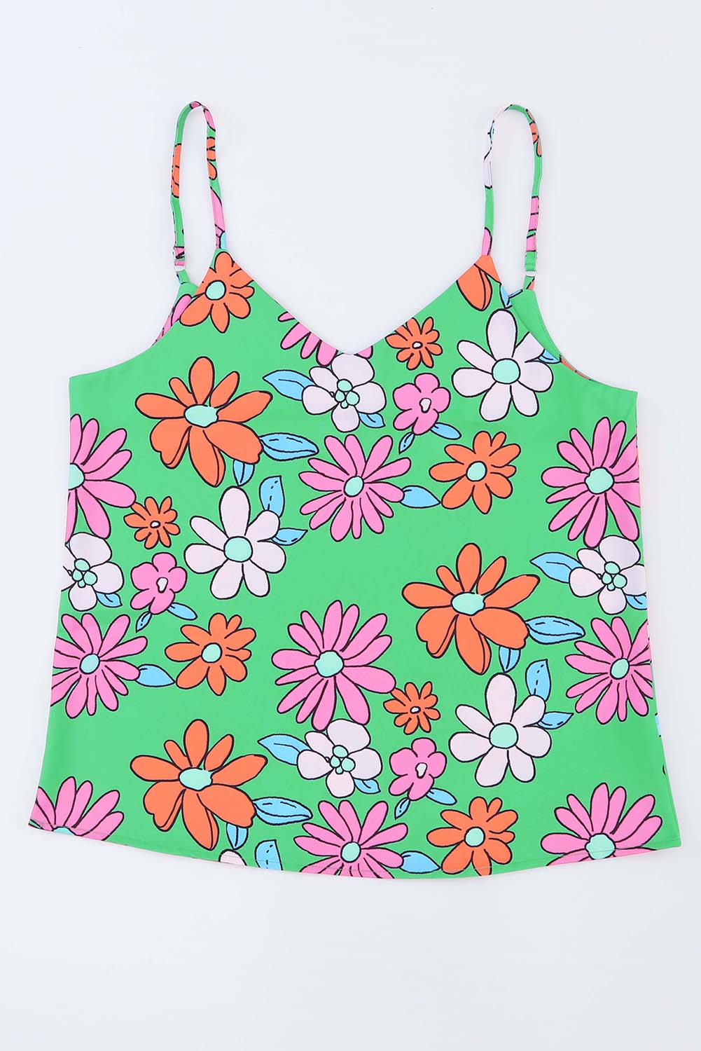 Green Adjustable Spaghetti Straps Floral Print Tank Top