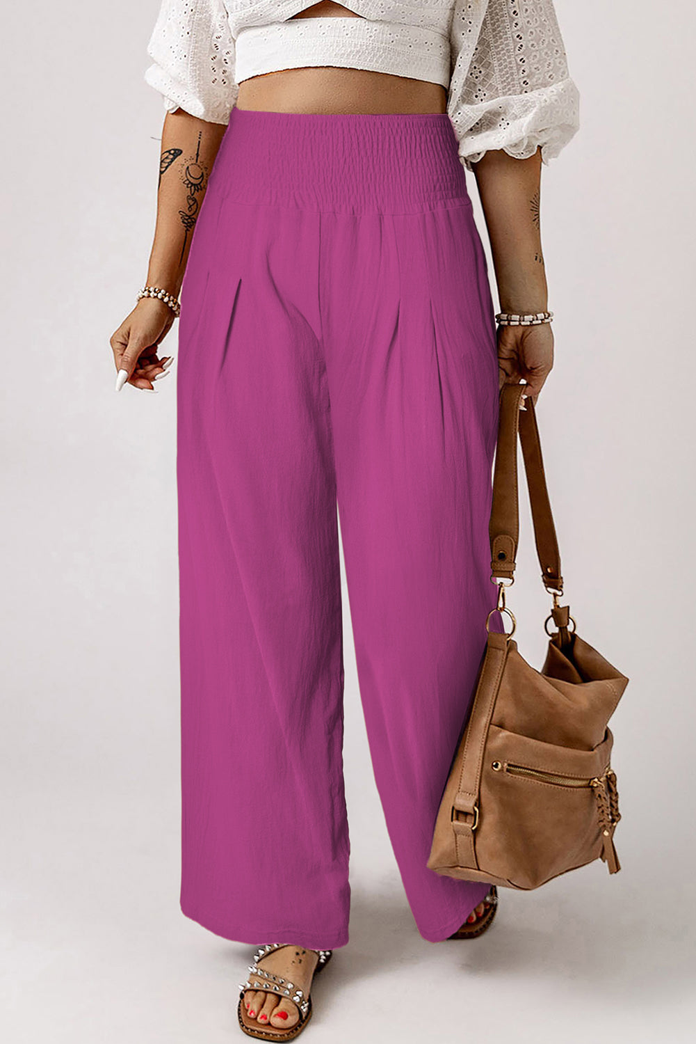 Black Smocked Wide Waistband High Waist Wide Leg Pants