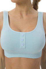 Sky Blue Seamless Wide Straps Buttons U Neck Sports Bra