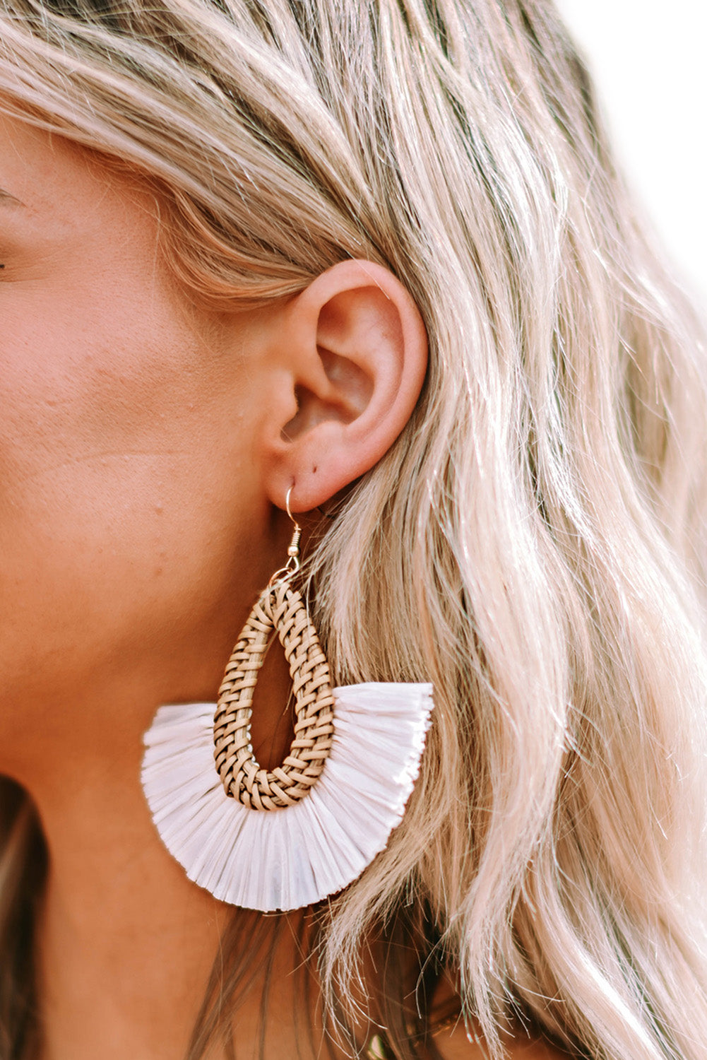 Beige Bohemian Semi-circle Woven Drop Earrings