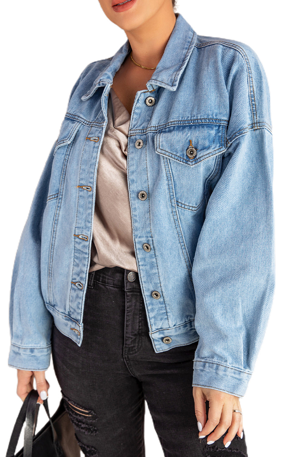 Sky Blue Acid Washed Pockets Buttoned Denim Jacket