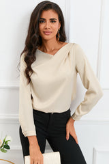 Apricot Solid Asymmetric V Neck Long Sleeve Satin Blouse