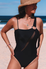 Black Slash Mesh Cutout Asymmetric One Piece Swimsuit