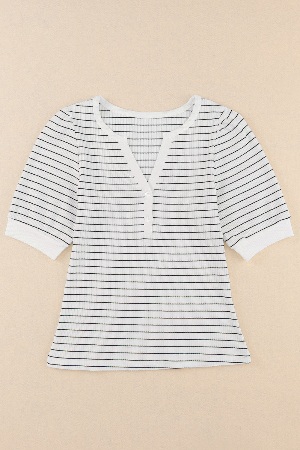 White Striped Print Notch V Neck Short Sleeve Top