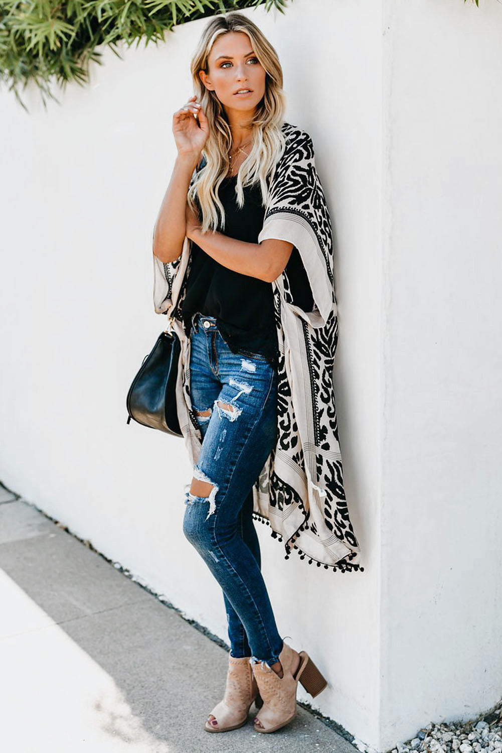 Black Prowess Pom Pom Kimono