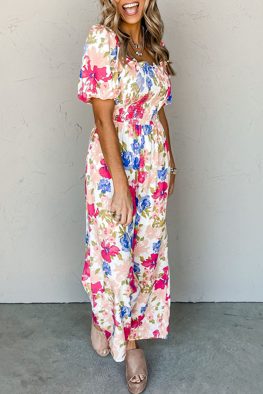 Multicolor Floral Print Smocked Puff Sleeve Jumpsuit