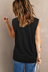 Black Broken Hole Detail Sleeveless Crew Neck Black Tank Top