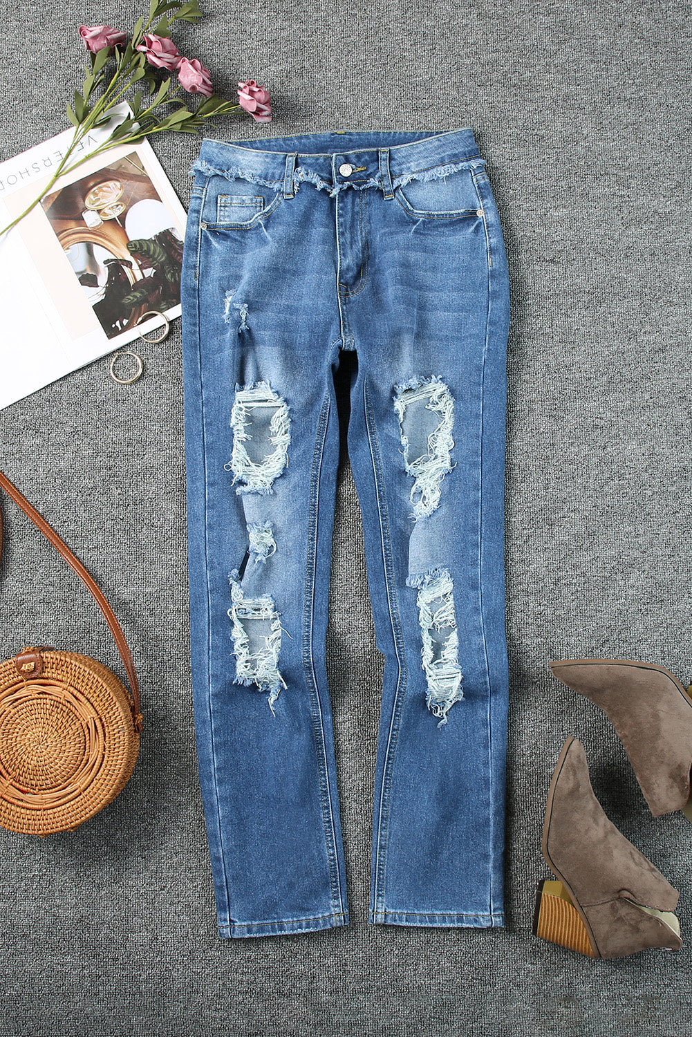 Sky Blue Cut Out Straight Leg Distressed Boyfriend Jeans