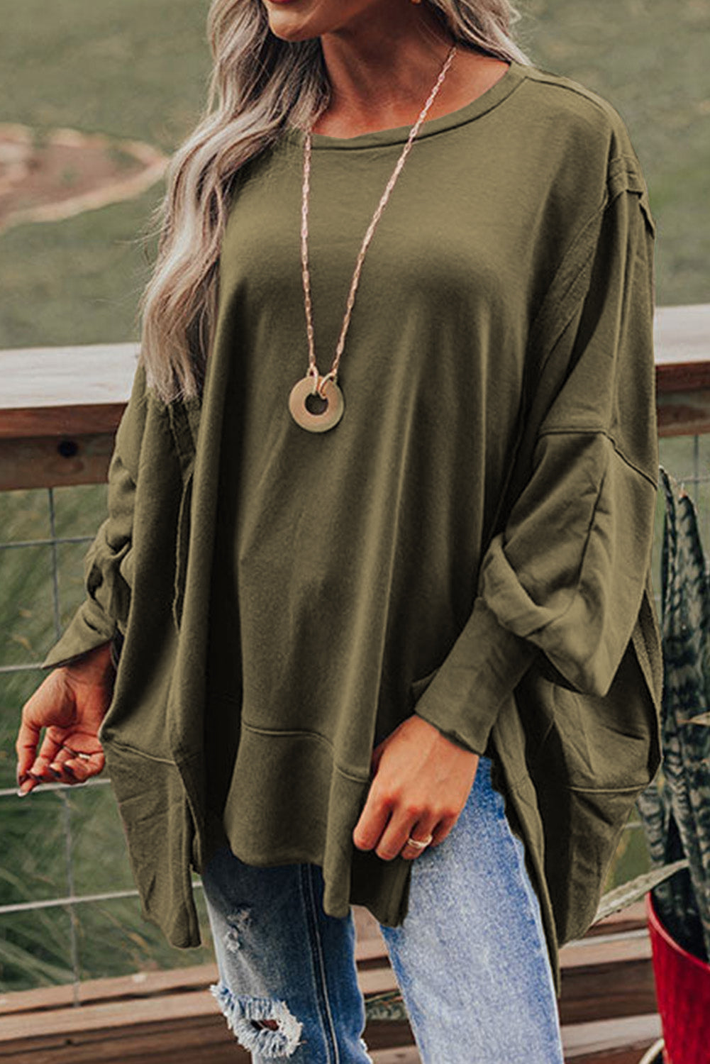 Green Patchwork Drop Shoulder Oversized Top