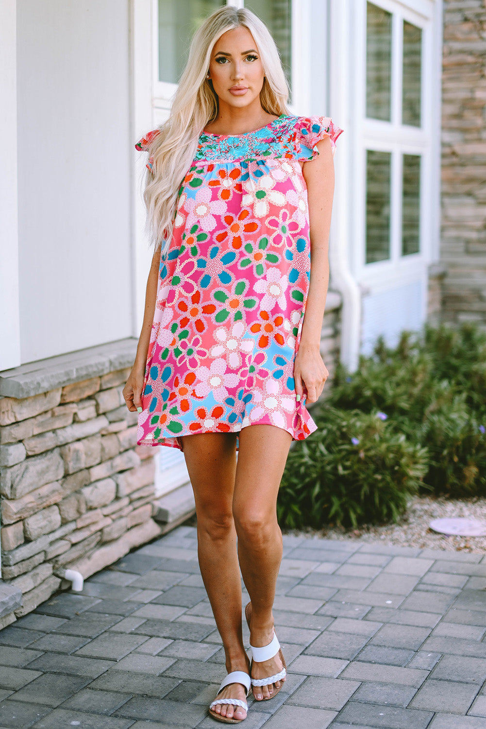 Rose Embroidered Detail Floral Print Ruffle Trim Tank Top