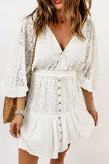 White Lace Crochet Buttons Bell Sleeve V Neck Mini Dress