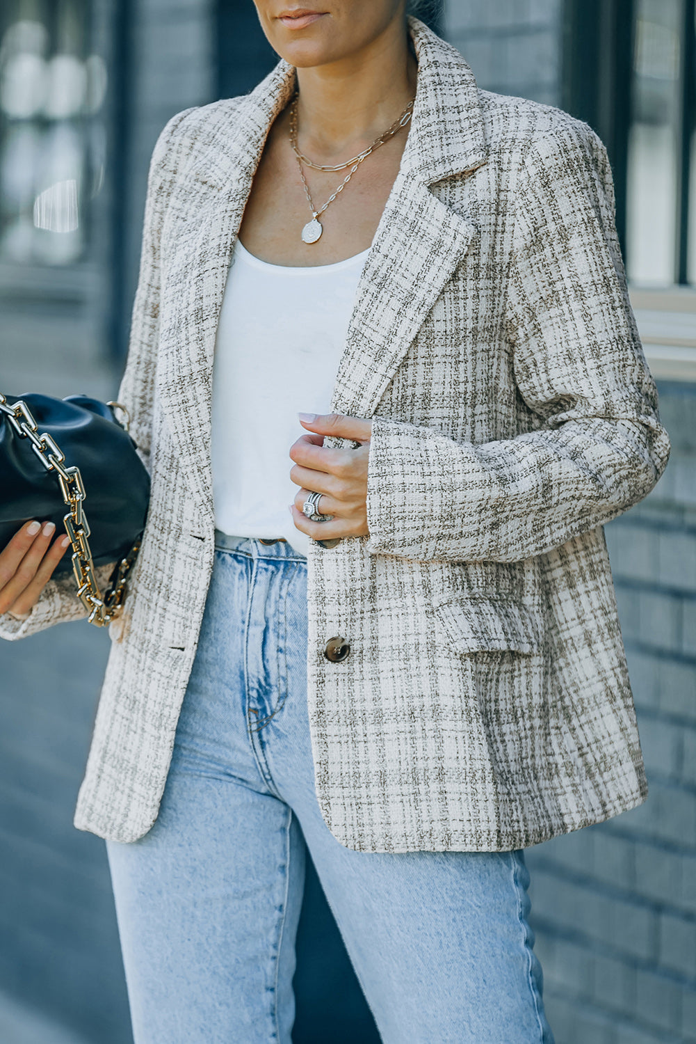 White Pockets Lapel Collar Plaid Blazer