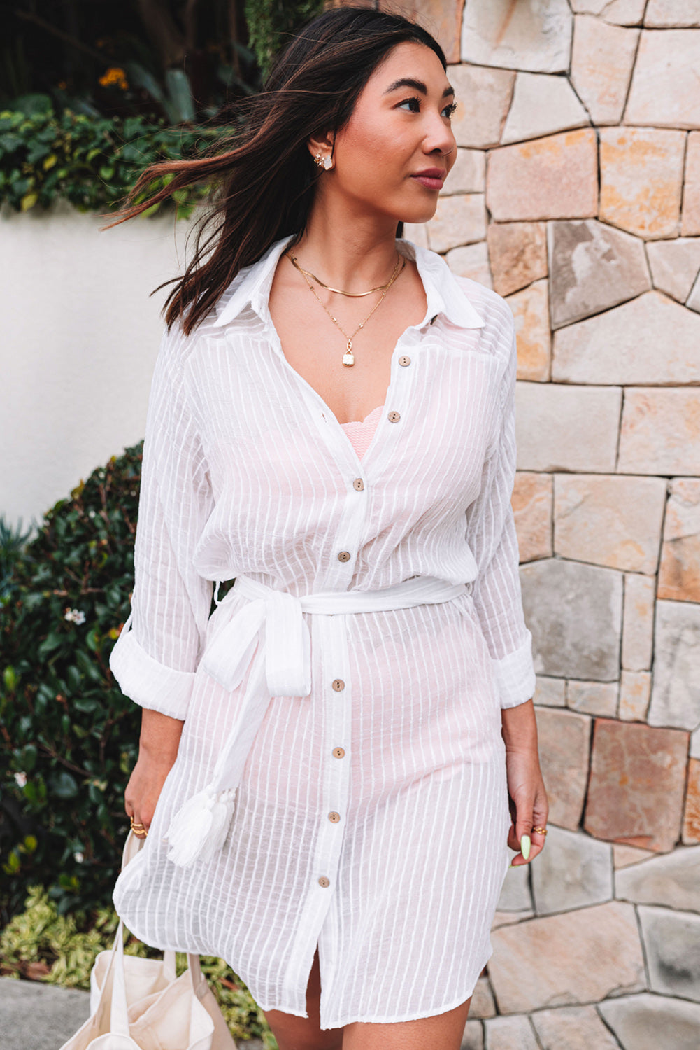 White Striped Shirt Dress Beach Cover up with Belt