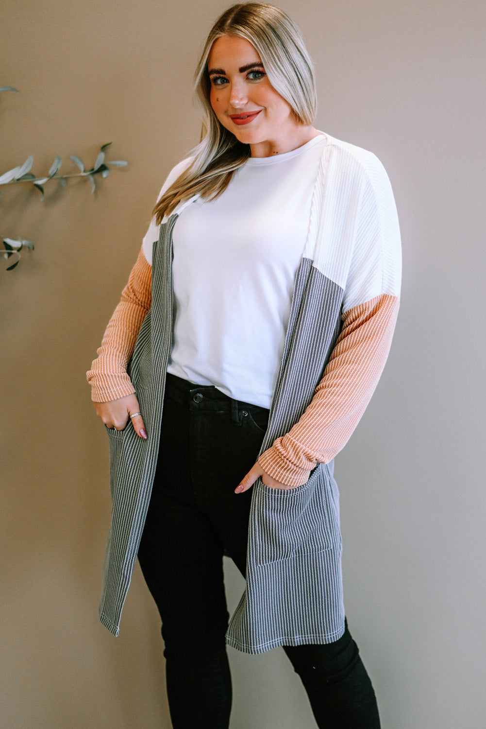 Gray Corded Colorblock Open Front Cardigan