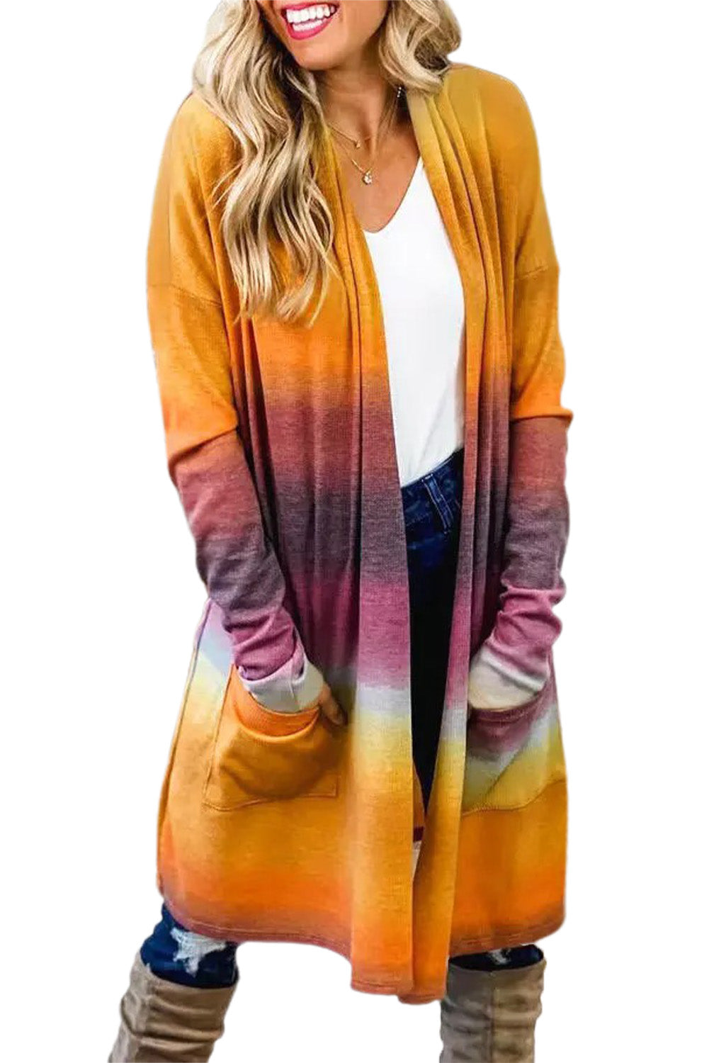 Yellow Gradient Tie-dye Open Front Mid-length Cardigan