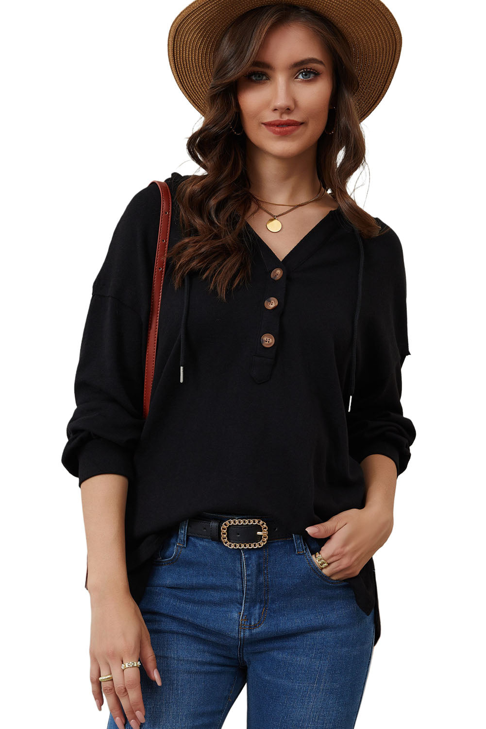 Buttoned High and Low Hem Hoodie