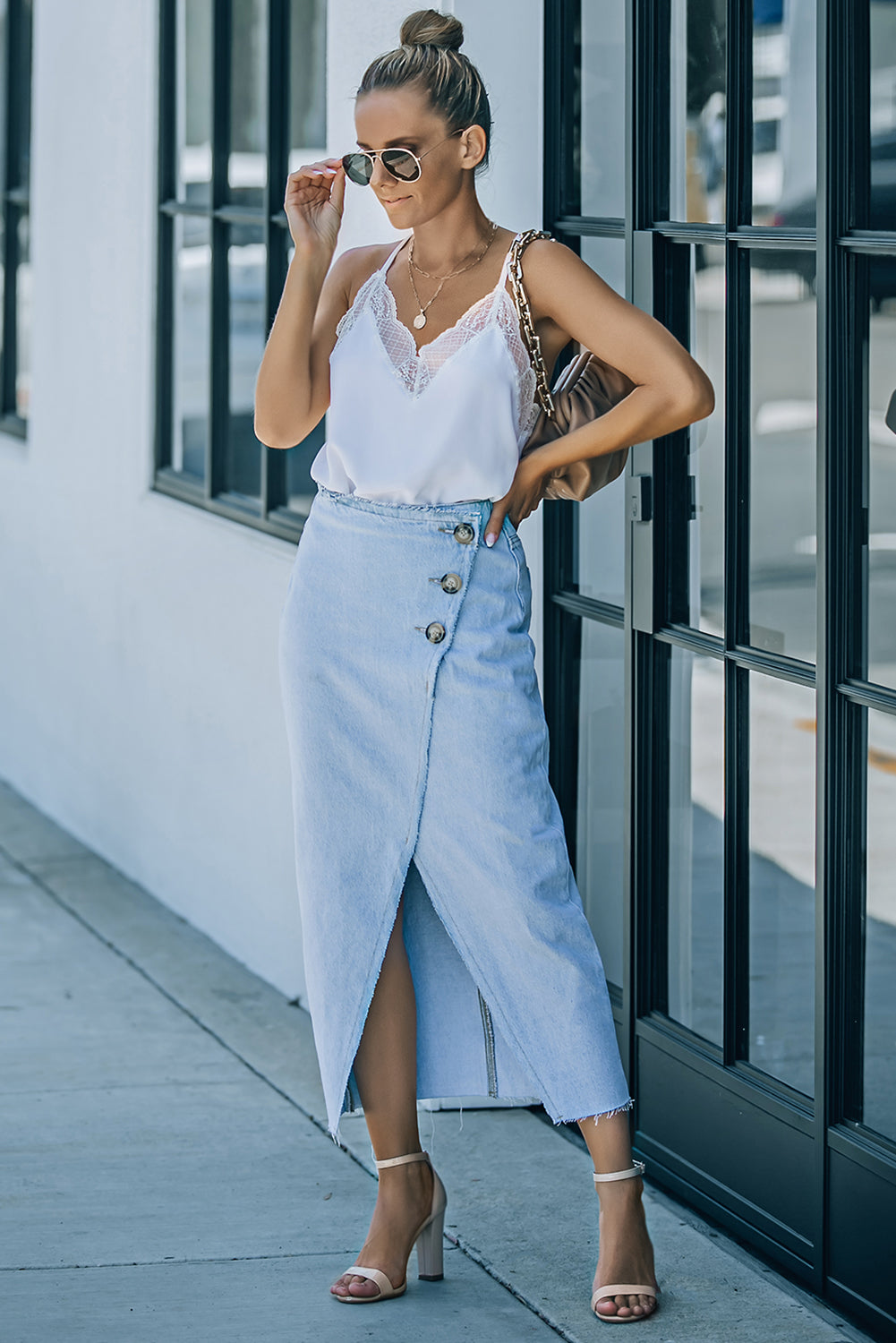 Sky Blue Buttoned Wrap Maxi Denim Skirt