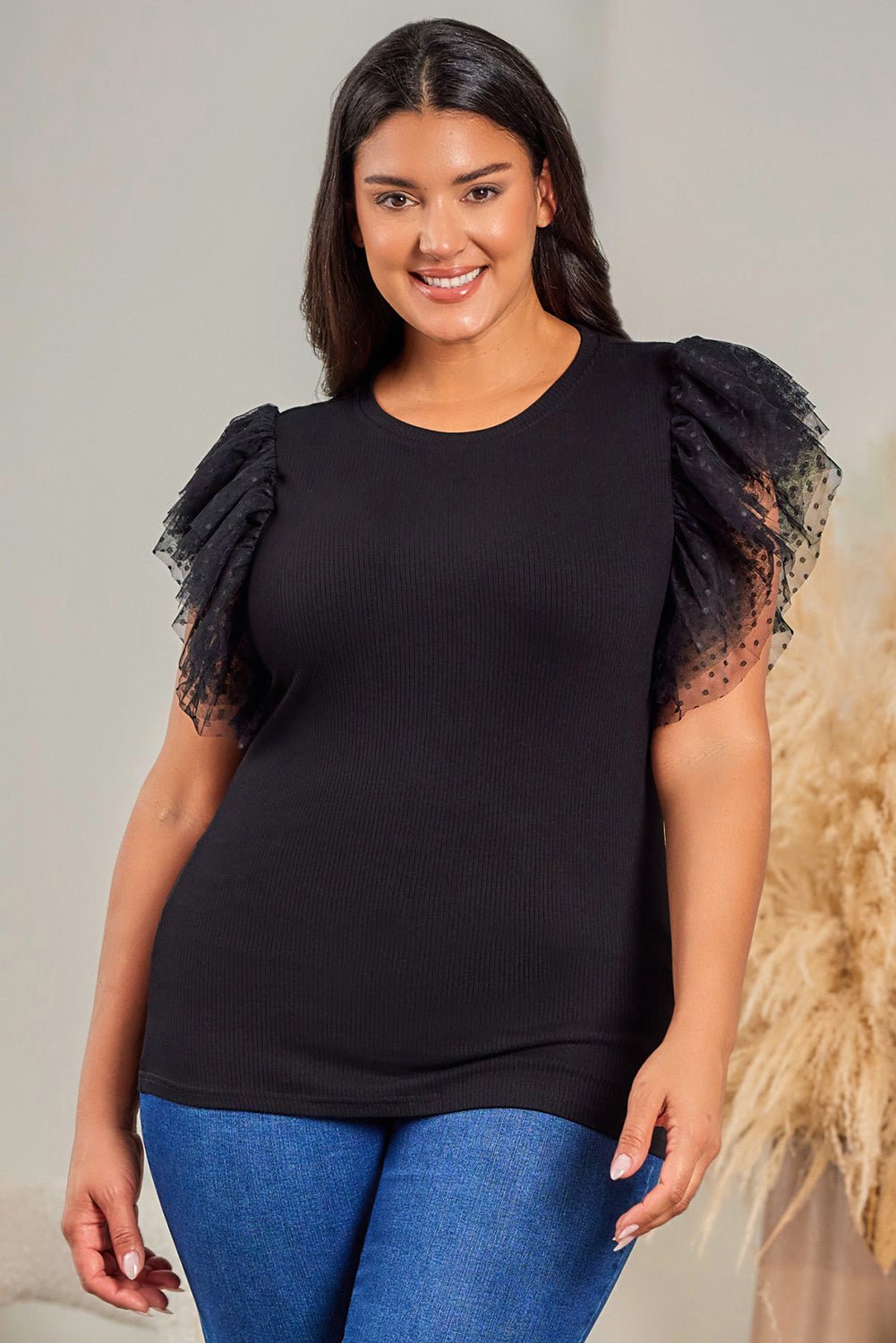 Black Dotty Mesh Ruffle Sleeve Ribbed Knit Babydoll Mini Dress