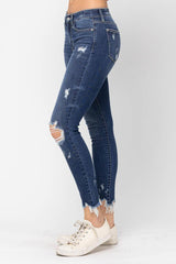 Mid-Rise Raw Hem Destroyed Skinny Jeans