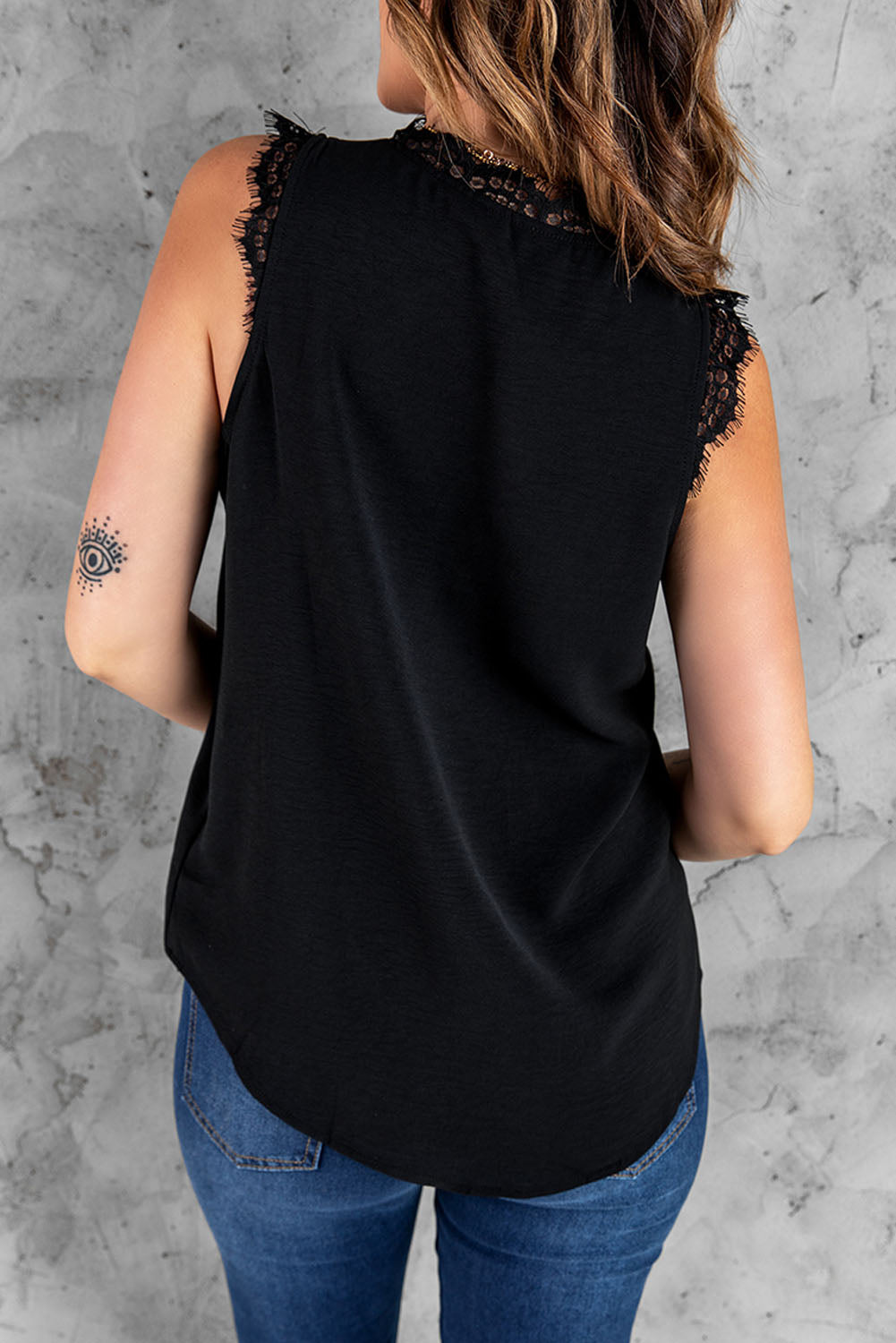 Black Sleeveless Eyelash Lace V Neck Tank Top