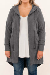 Gray Plus Size Drawstring High Low Hooded Jacket