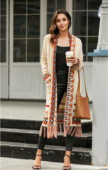 Spring Autumn New Retro Tassel Cardigan Coat Loose Long Sleeve Bohemian Knitted Sweater