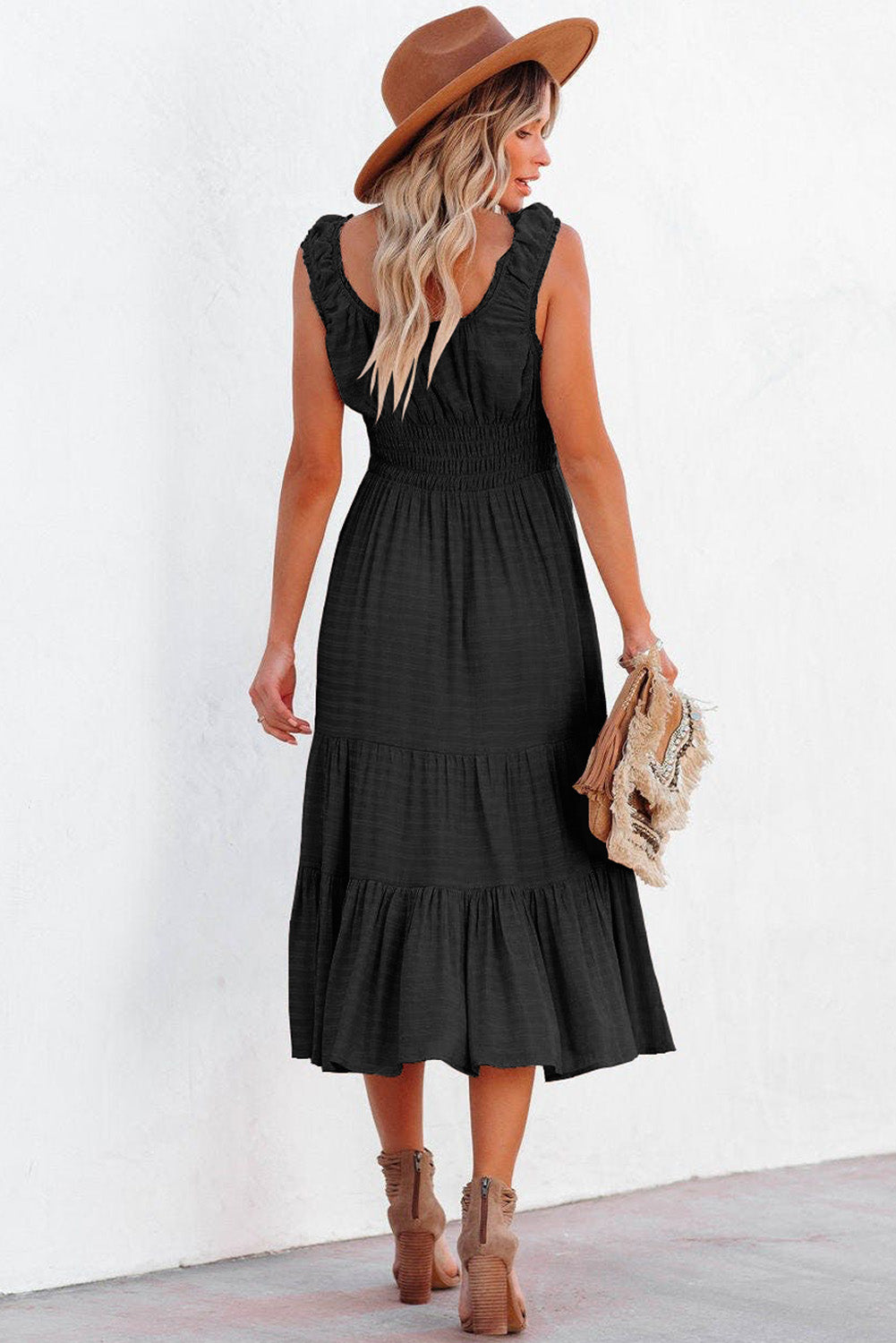 Black U-Neck Sleeveless Ruched Tiered Ruffled Midi Dress